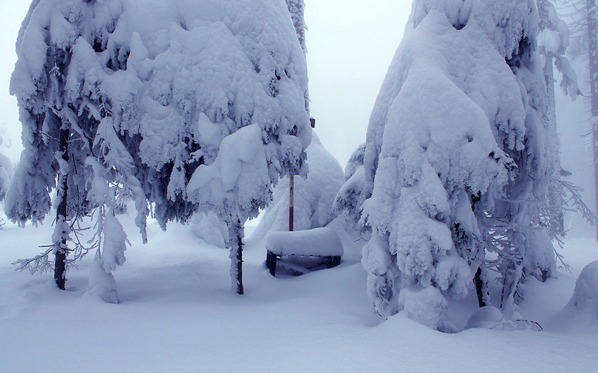 Vrcholová lavička pod sněhem v únoru 2013