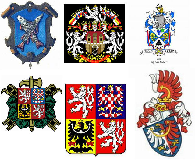 Znaky cechu Rybářského, velký znak města Prahy, rodinný erb, znak hasičů, velký státní znak a šlechtický znak