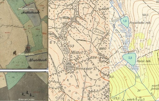 Zleva: 1) císarský povinný otisk stabilního katastru, 2) tretí (též františko-josefské) vojenské mapování, 3) vojenská topografická mapa v systému S-1952