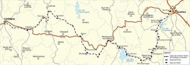 Le tracé du tacot du morvan de Corbigny à Saulieu